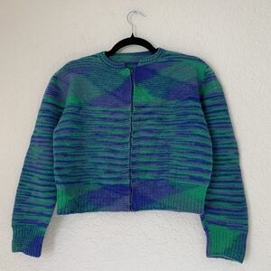 Y2K Retro Cropped Cardigan Sweater Women S* Green Blue Stripe Zip Funky Eclectic